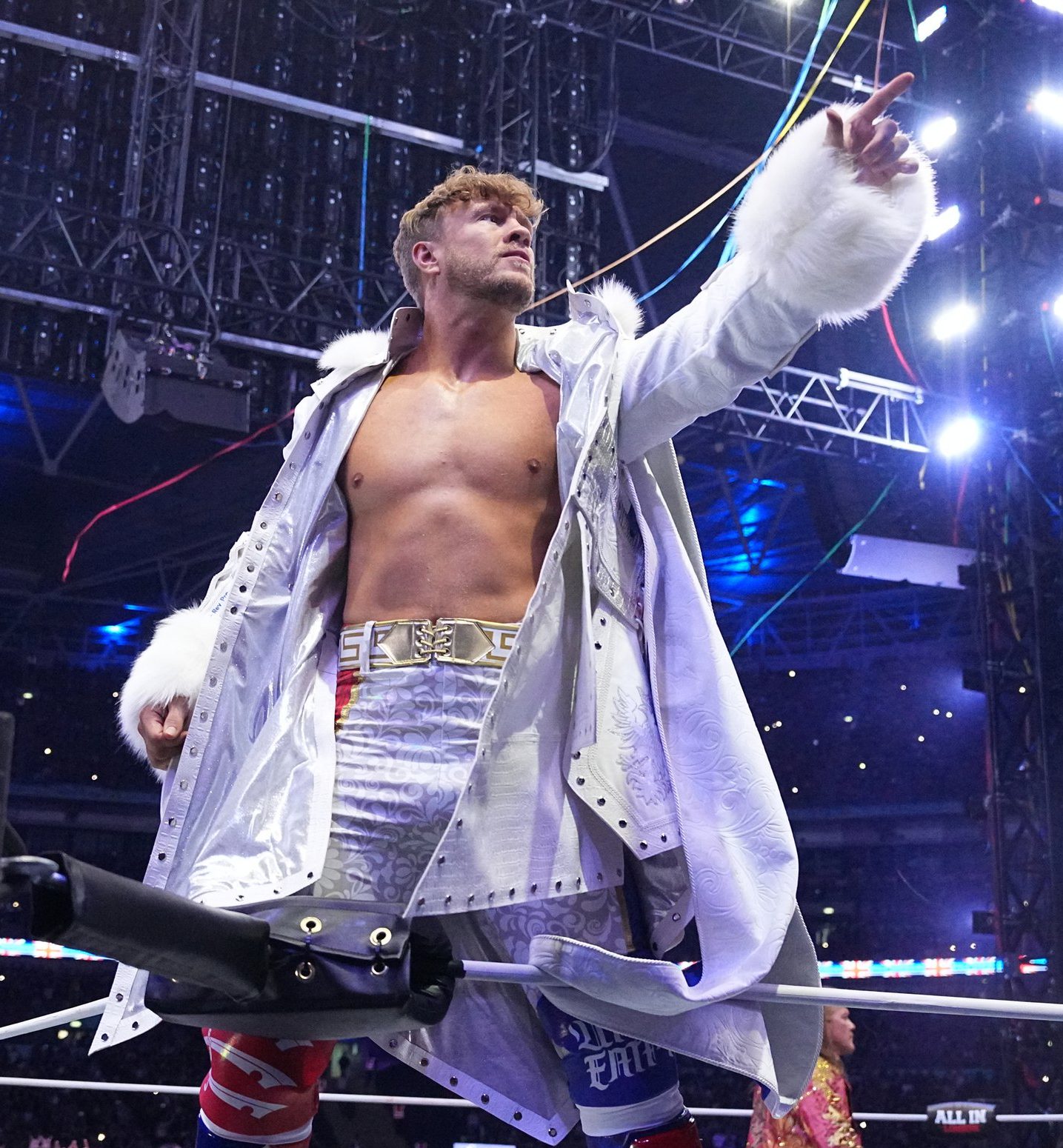 Will Ospreay points to the crowd during his entrance during AEW All In London at Wembley Stadium