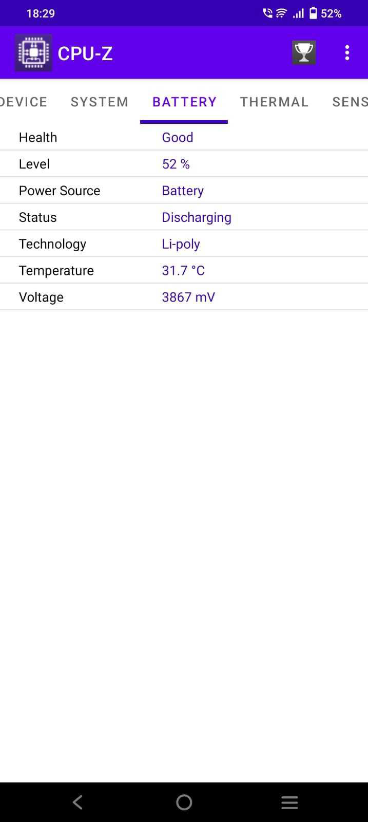 The battery health section showing stat lines in the CPU Z app
