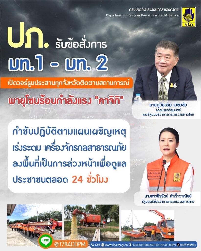 ปภ. เปิดวอร์รูม ติดตามพายุคาจิกิ 24 ชม. เร่งระดมเครื่องจักรลงพื้นที่เสี่ยงภาคเหนือ-อีสาน เตือน 45 จว.รับมือ
