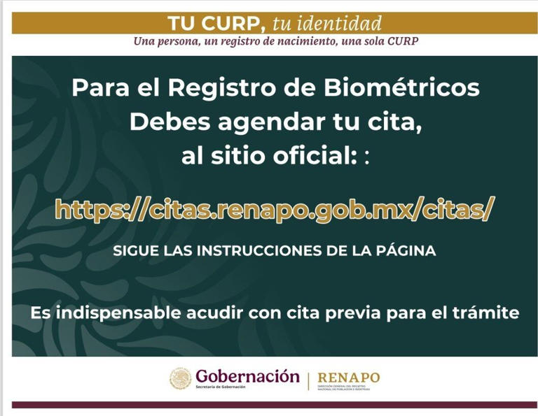 Agenda tu cita en la plataforma digital de RENAPO para realizar el registro de tus datos biométricos. Foto: 'X' Arturo Arce Vargas