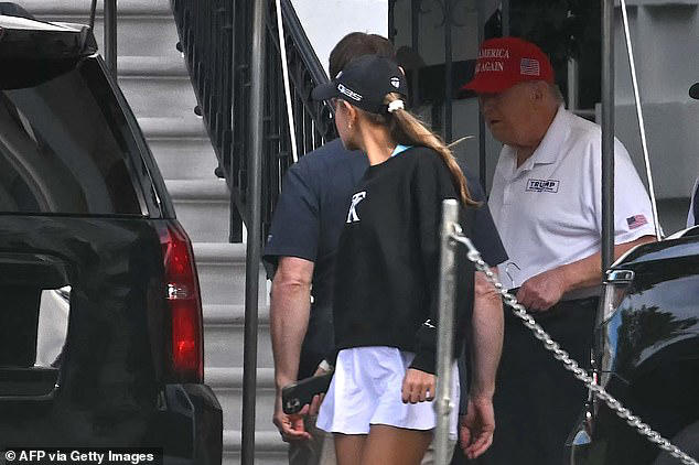 He was also seen heading to enjoy a round of golf with his granddaughter Kai Trump on Saturday (pictured)