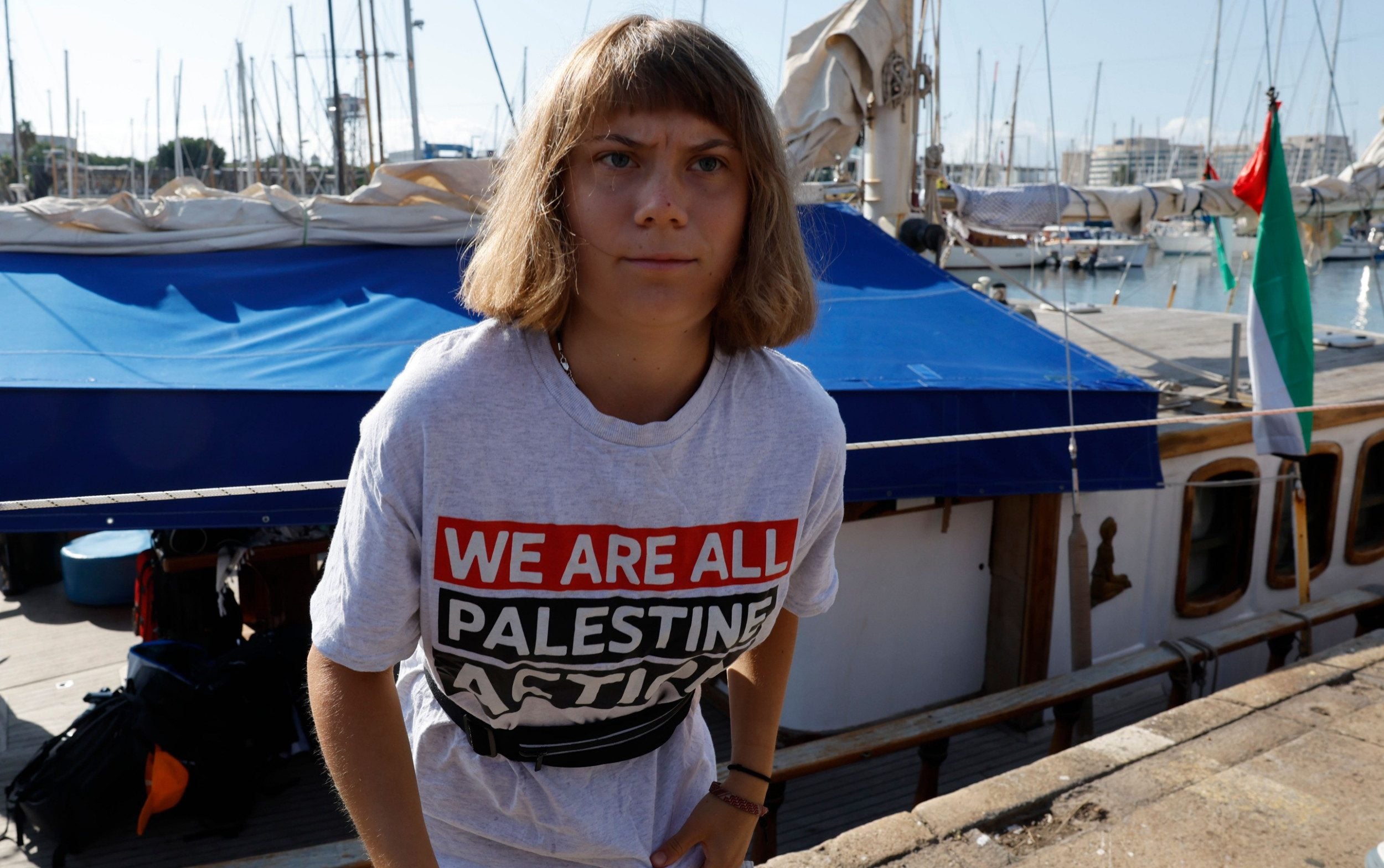 Greta Thunberg arrives to attend a press conference next to the Gaza-bound ships in Barcelona, August 31 - TONI ALBIR/EPA/Shutterstock