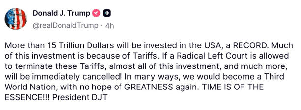 Donald Trump talks tariffs on Truth Social. / Truth Social