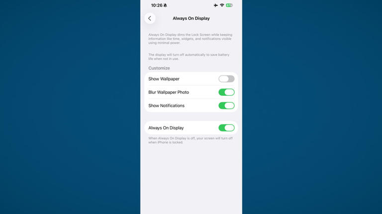 Always on display settings in iPhone settings app