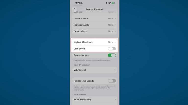Typing sounds and lock sounds in Apple iPhone settings