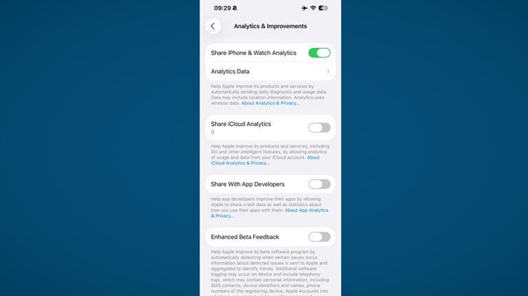 Data collection settings in iPhone settings app