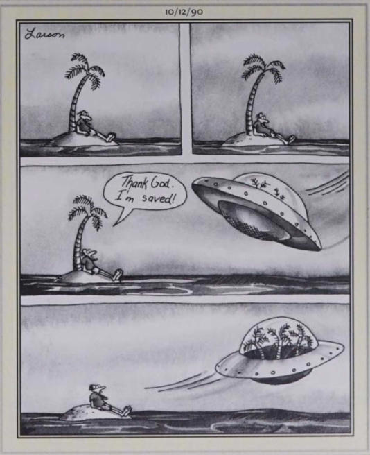 Far Side, October 12, 1990, a flying saucer abducts palm trees