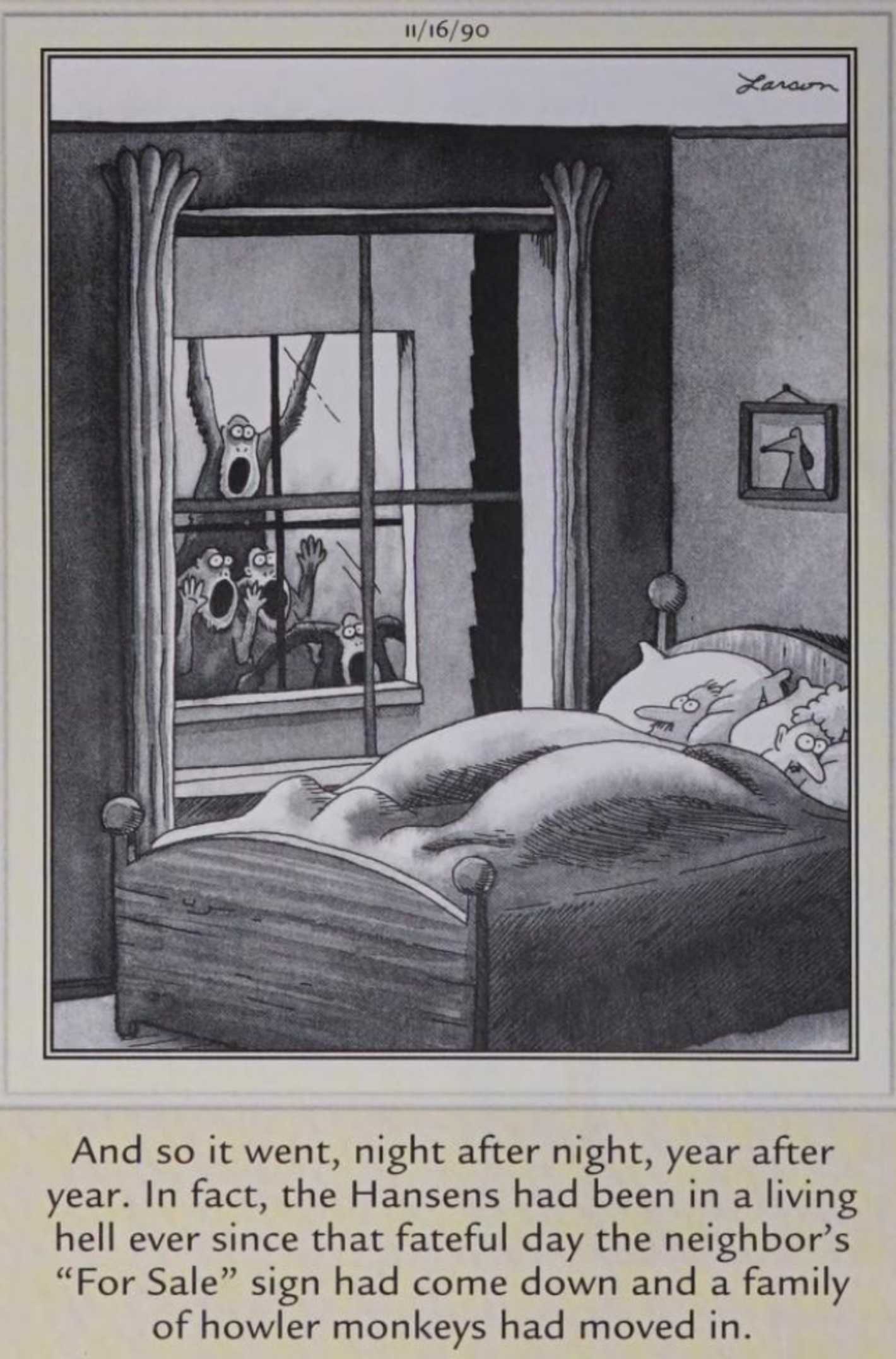 Far Side, November 16, 1990, a family of howler monkeys torments their neighbors