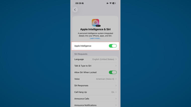 Apple Intelligence settings on iPhone