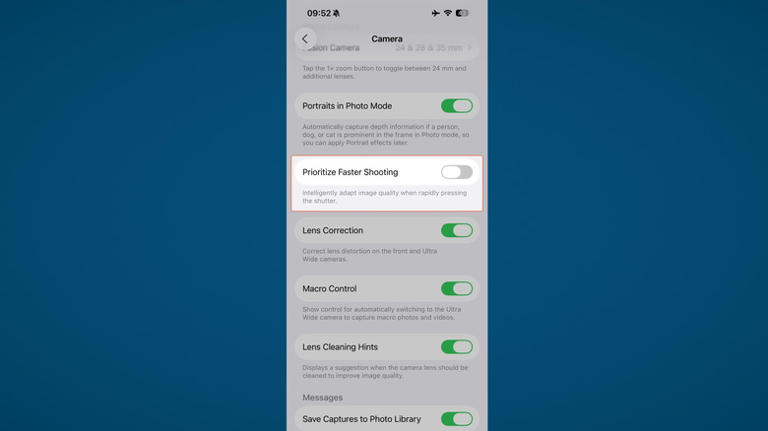 Prioritize faster shooting setting in iPhone settings app