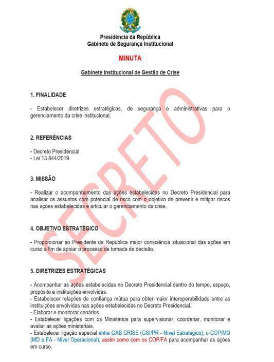 Documento encontrado nos arquivos de Mário Fernandes previa um "Gabinete Institucional de Gestão de Crise" comandado por Augusto Heleno