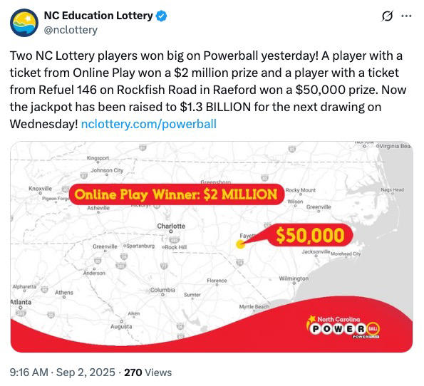 North Carolina Powerball player misses 1.2 billion jackpot by just one