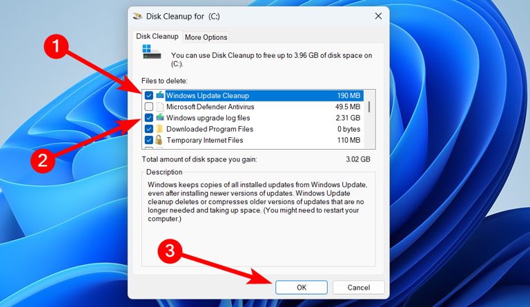 Deleting Windows Update files with Disk Cleanup on Windows.