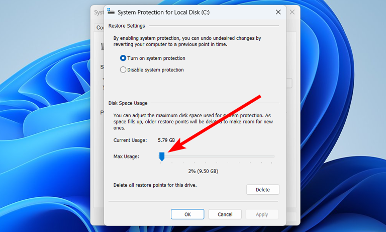 Reducing the drive space used by System Restore on Windows.
