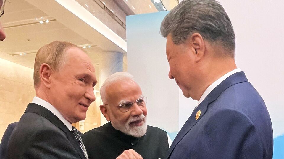 Prime Minister Narendra Modi, Chinese President Xi Jinping, and Russian President Vladimir Putin at the venue of the Shanghai Cooperation Council (SCO) Summit, in Tianjin on Monday.