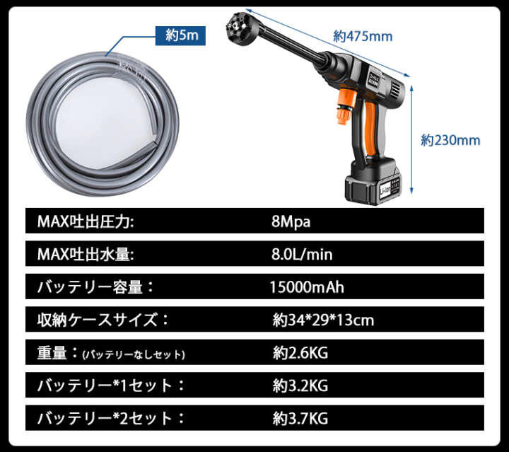 4〜8L/分のターボ水圧で強力洗浄！6in1ノズルを搭載したコードレス
