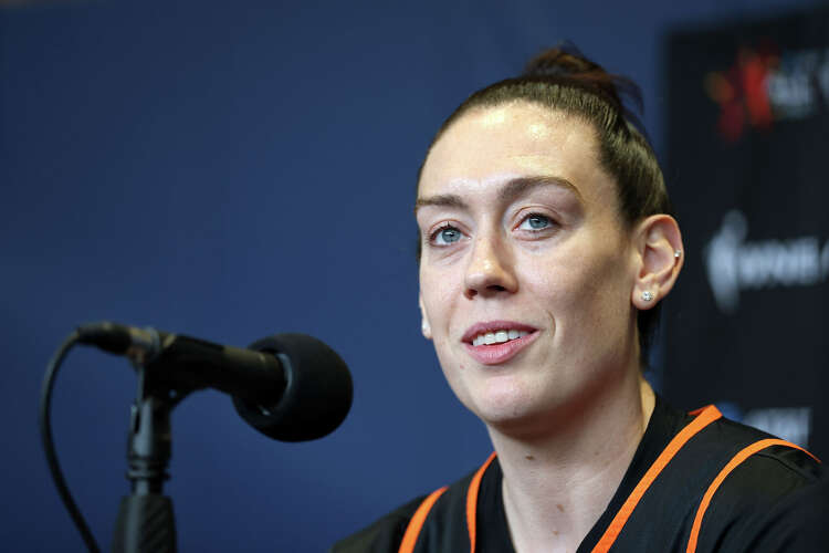 Breanna Stewart of the New York Liberty speaks to the media during the 2025 AT&T WNBA All-Star practice sessions at Gainbridge Fieldhouse on July 18, 2025, in Indianapolis. (Steph Chambers/Getty Images)