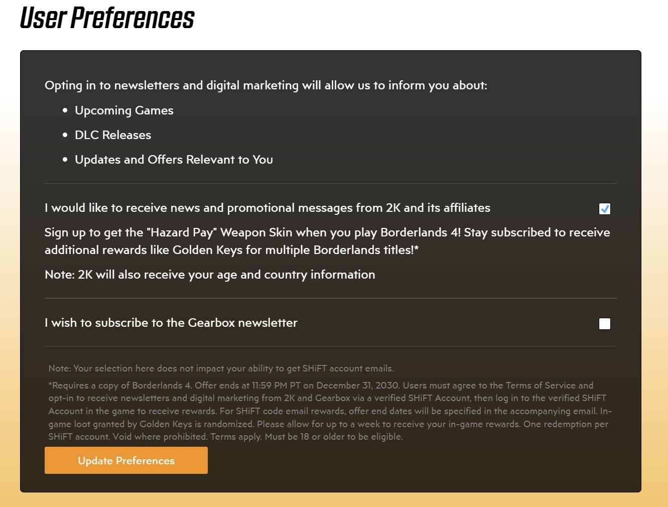 A screenshot from the official Gearbox Shift code website. This is a menu visible from the bottom of the Profile menu, and labeled