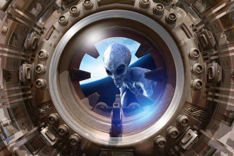 Alien looking through the window of a spaceship in earth orbit, illustration