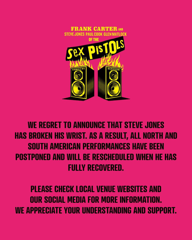 Sex Pistols forced to postpone tour after band member’s injury