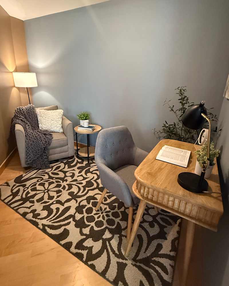 Cozy workspace featuring a gray chair, wooden desk, and decorative plants, with a patterned rug and soft lighting.