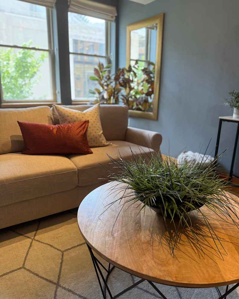 Cozy living room with a beige sofa, decorative pillows, a round wooden coffee table, and a plant centerpiece.