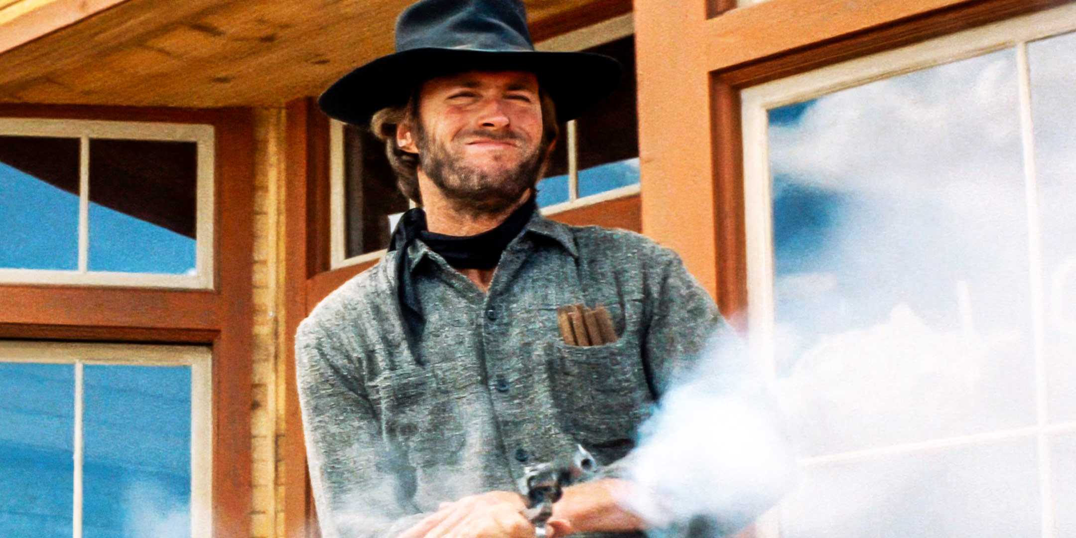 Clint Eastwood as The Stranger from High Plains Drifter firing his gun.