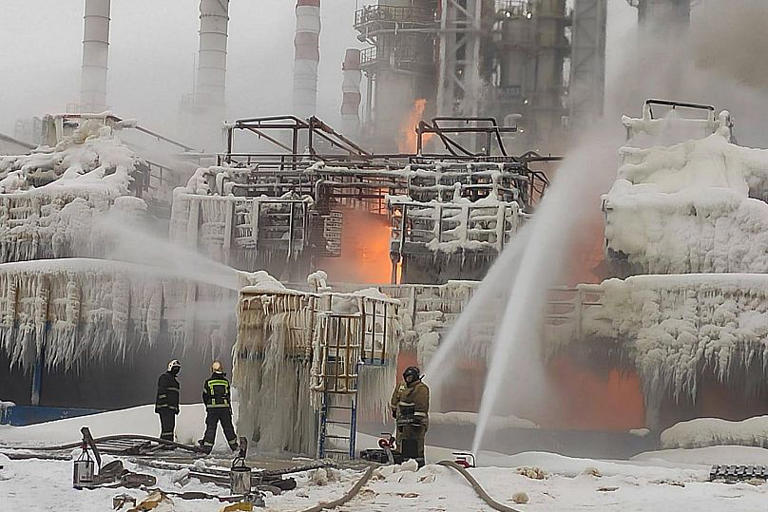 Firefighters extinguish a blaze at Russia's second-largest natural gas producer Novatek in Ust-Luga, 21 January, 2024 AP Photo