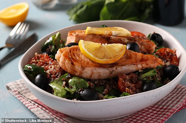 The Mediterranean diet recommends eating seafood or a fresh fatty fish such as salmon as a source of protein, leafy greens and whole grains such as barley or farro