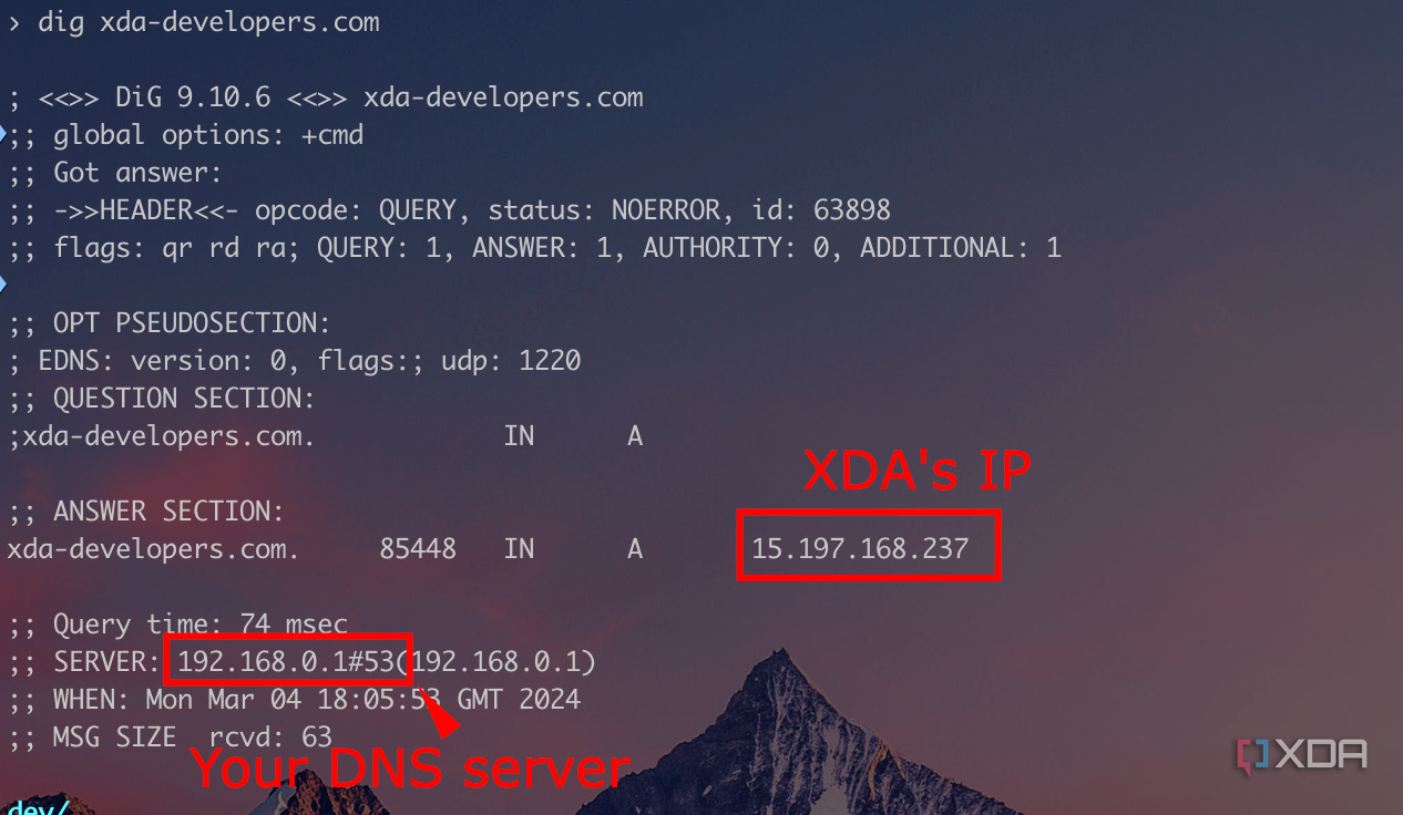 Screenshot showing how to dig for a DNS server.