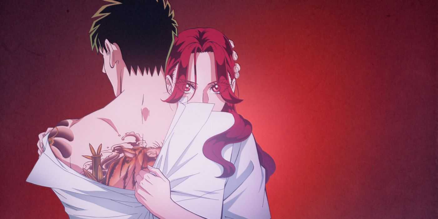 Yoshino Somei hugging Kirishima Miyama and pulling down the back of his shirt to reveal his tiger tattoo