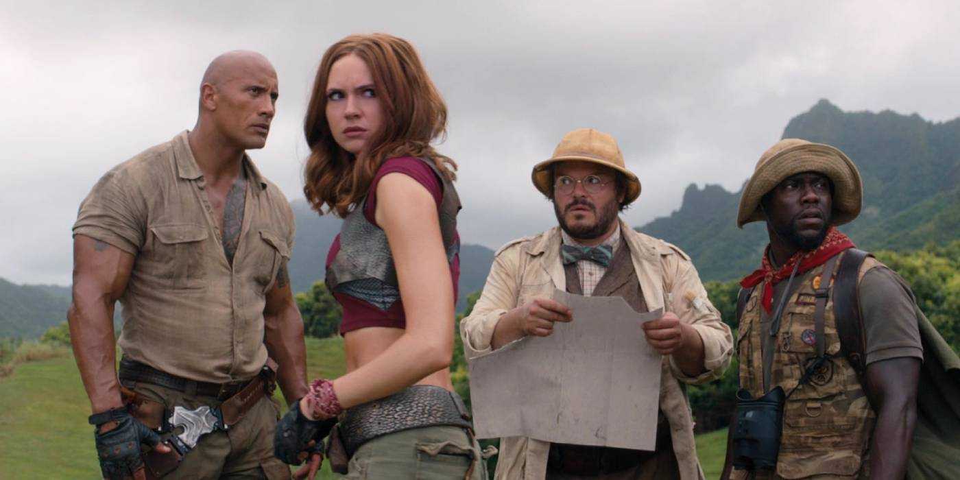 Dwayne Johnson, Karen Gillan, Jack Black, and Kevin Hart in Jumanji Welcome to the Jungle
