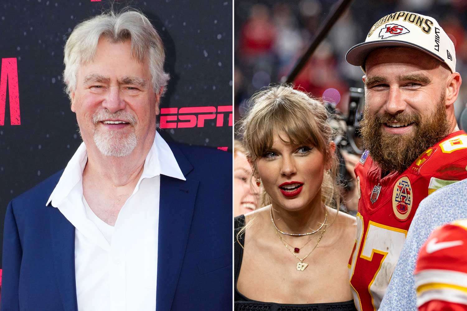 Edward Zurga/Shutterstock; Michael Owens/Getty Ed Kelce; Taylor Swift and Travis Kelce