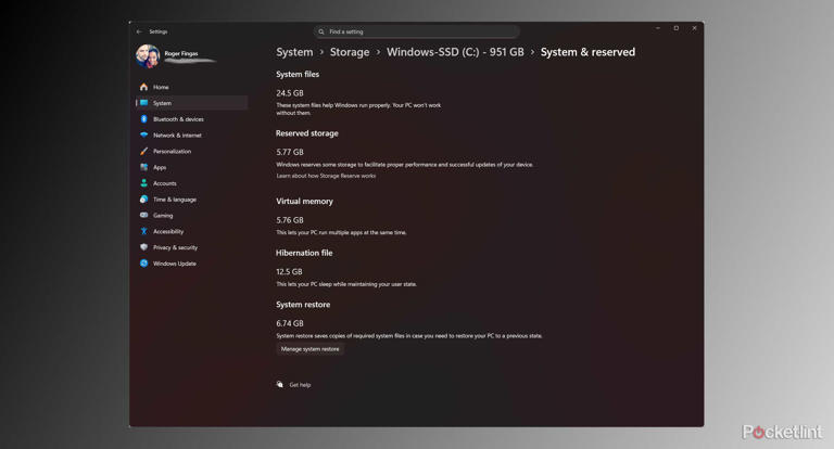 System and reserve storage in the Windows 11 Settings app.