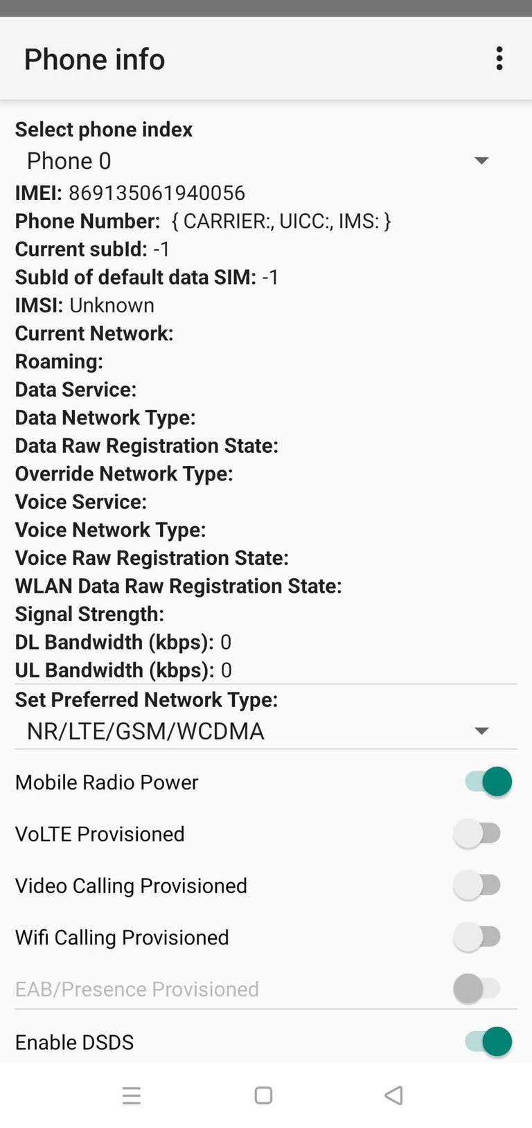 A list of phone info specs displayed in the Netmonitor app with available toggles