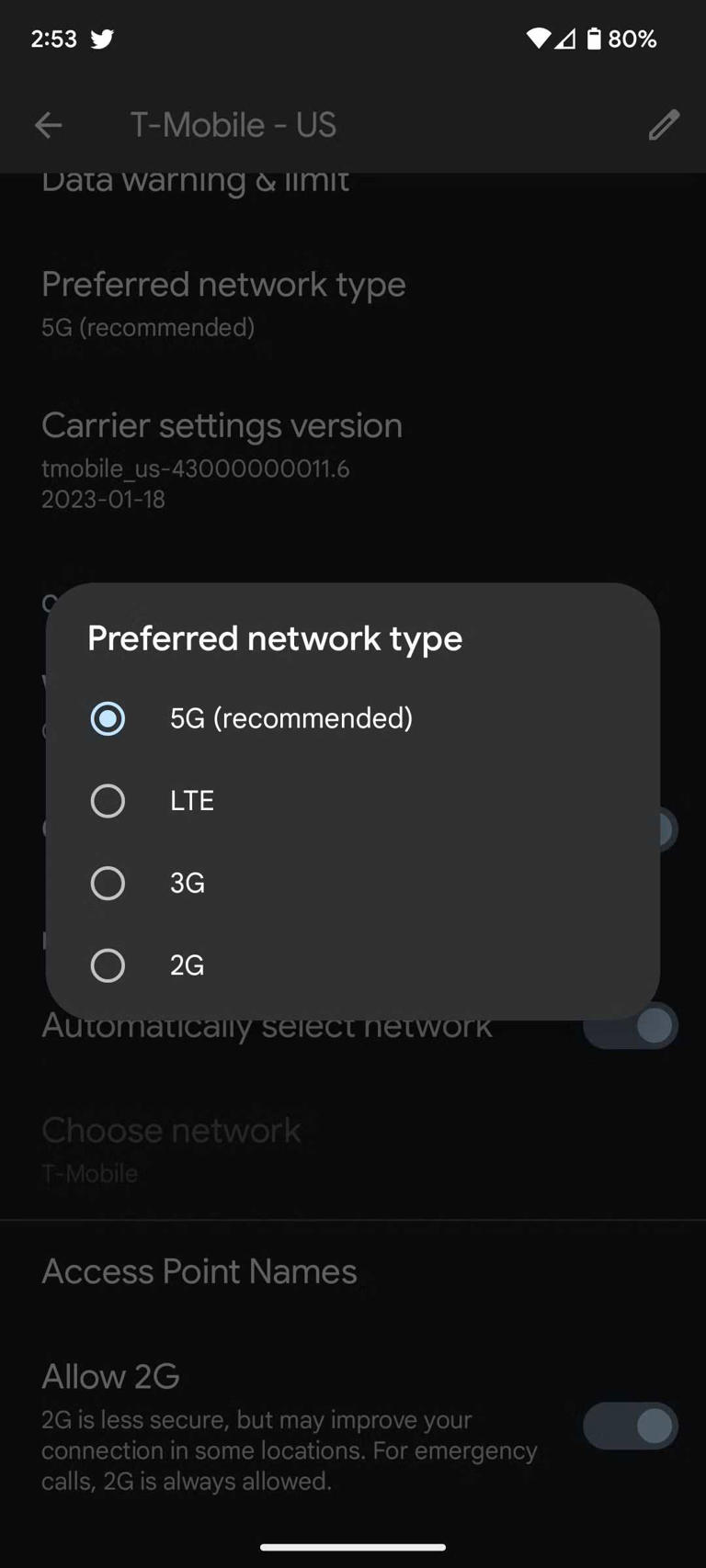 Preferred network settings selected on 5G (recommended) on a Pixel