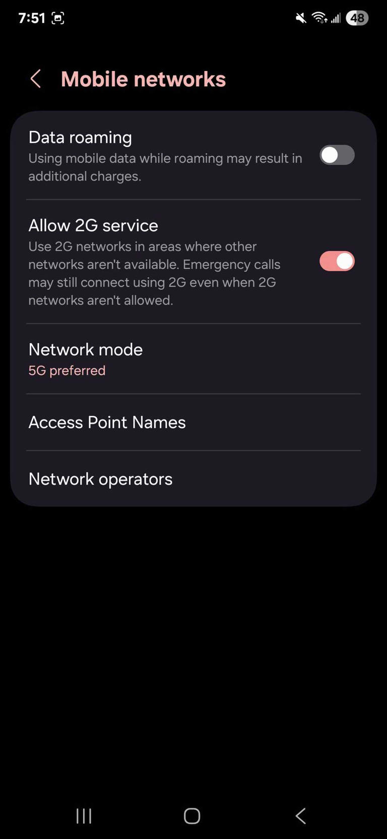 A list of options in the Mobile networks settings on a Samsung Galaxy phone running One UI 7
