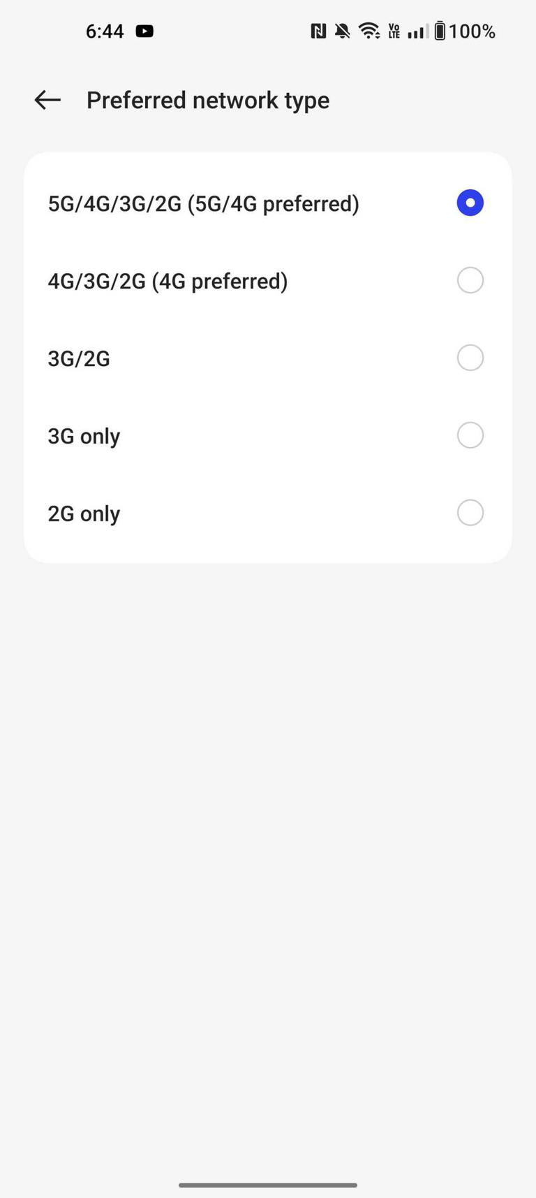 Network type control settings on OnePlus showing preferred network type