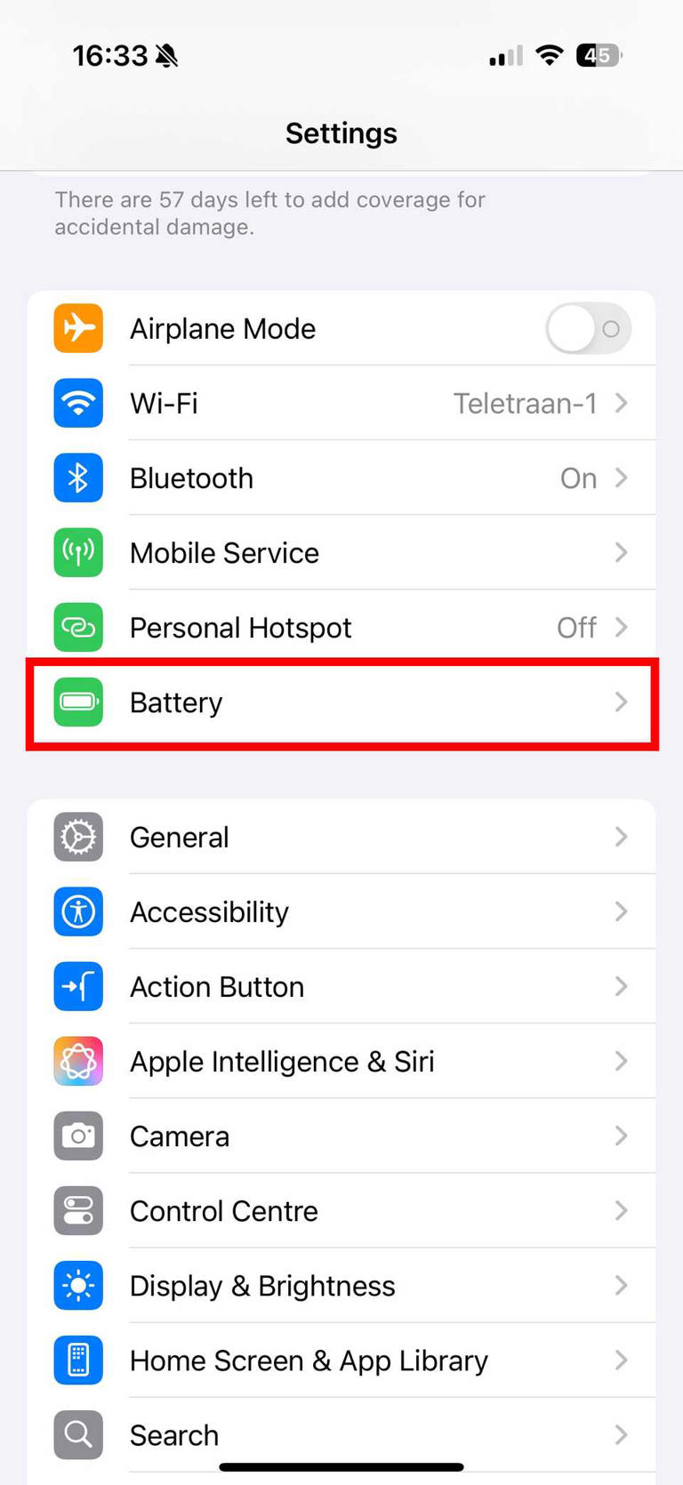 Red rectangle outline highlighting Battery in iOS 18 settings