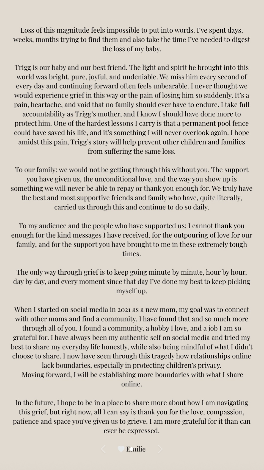 Emilie Kiser makes first public statement since 3yearold son Trigg’s