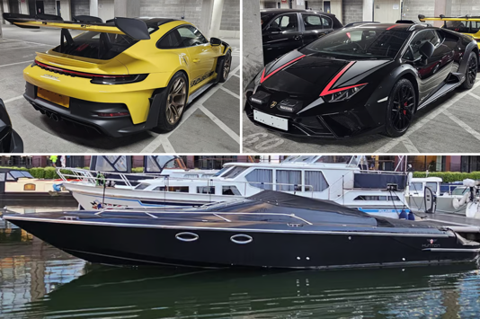 A Porsche, Lamborghini, and speedboat, all purchased using the defrauded money