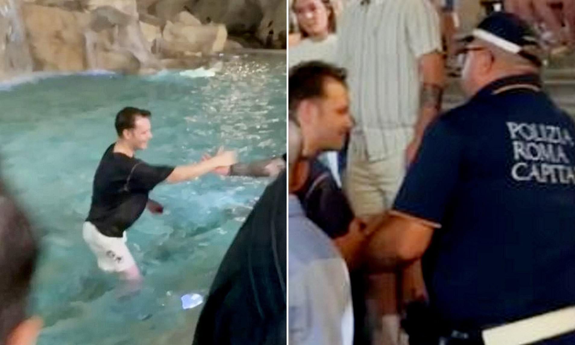 Moment idiot tourist is led away by Italian police after jumping into