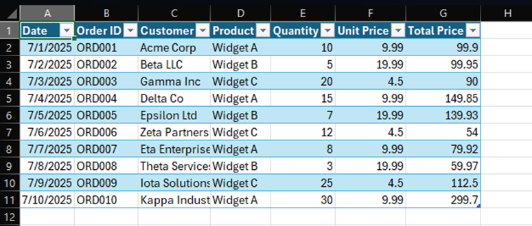 Excel window showing a demonstration of the table function.