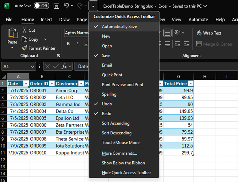 Excel window showing where and how to adjust the quick access toolbar
