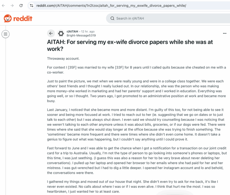 She Served Her Wife Divorce Papers At Work, And Now People Are Saying
