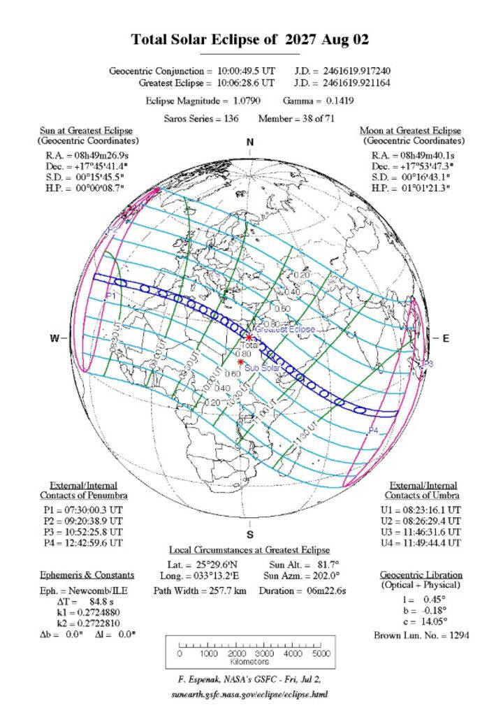 Eclipse solar total previsto para o dia 2 de agosto de 2027 poderá ser visto por poucos países que estão abaixo da linha azul do mapa. Foto: Nasa/Reprodução
