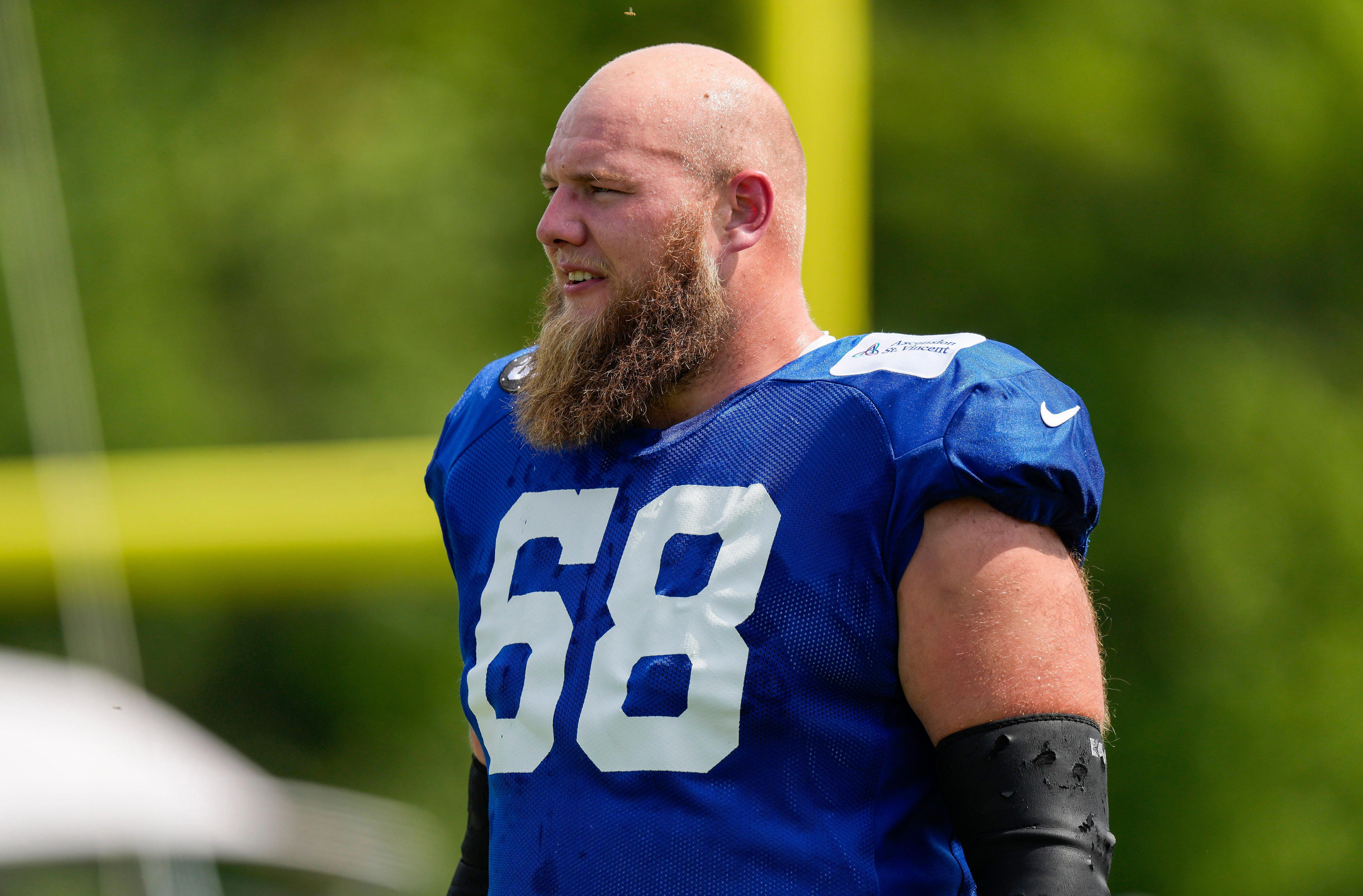 Indianapolis Colts guard Dalton Tucker (68) stands on the field Monday, Aug. 11, 2025, during Indianapolis Colts Training Camp at Grand Park in Westfield.