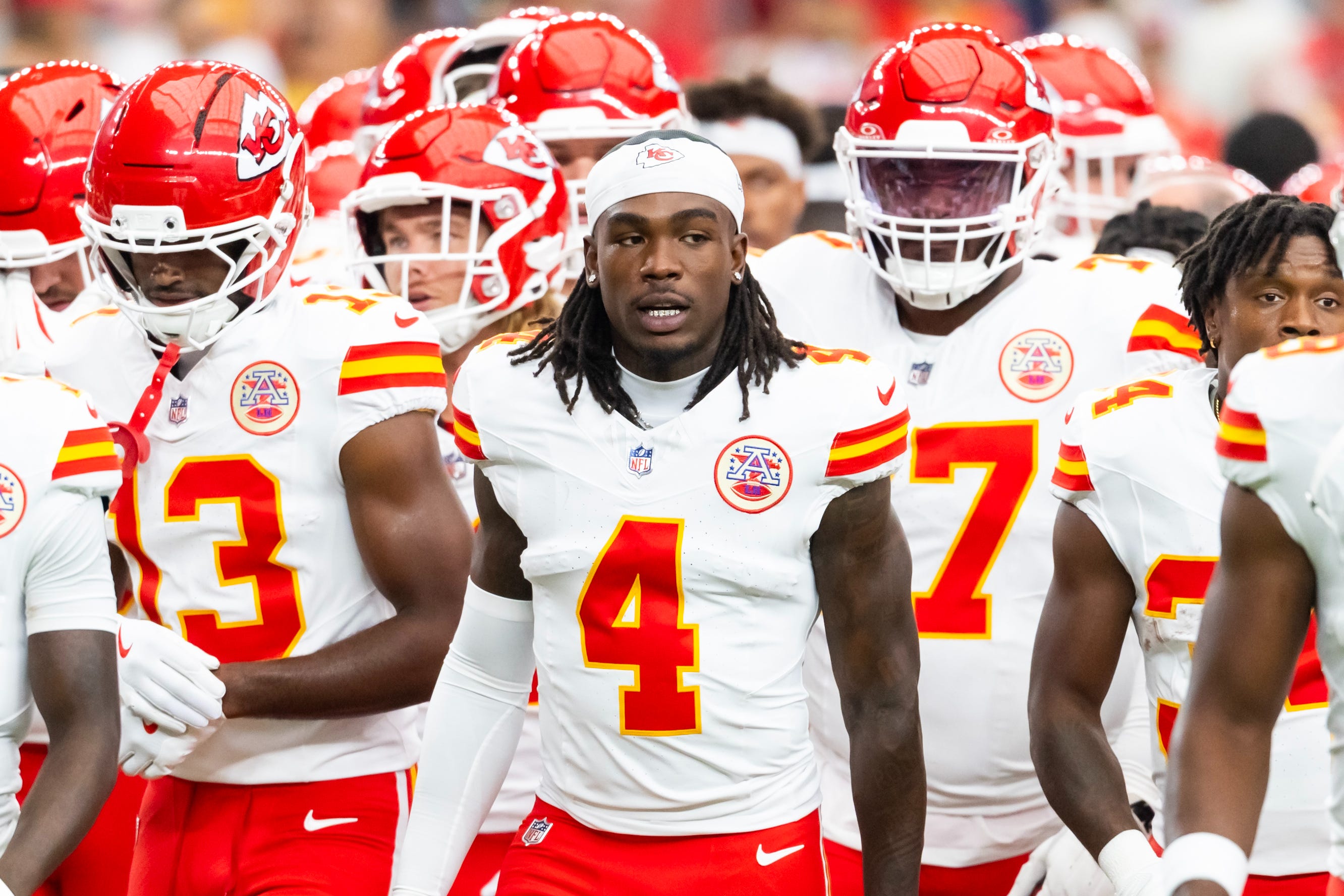 Aug 9, 2025; Glendale, Arizona, USA; Kansas City Chiefs wide receiver Rashee Rice (4) against the Arizona Cardinals during a preseason NFL game at State Farm Stadium. Mandatory Credit: Mark J. Rebilas-Imagn Images
