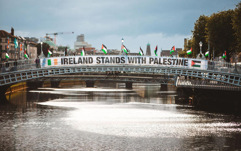 A banner showing Ireland’s support for Palestine is displayed over the Ha’penny Bridge in Dublin in 2024 - Eman Mohammed/ZUMA Press Wire/Shutterstock