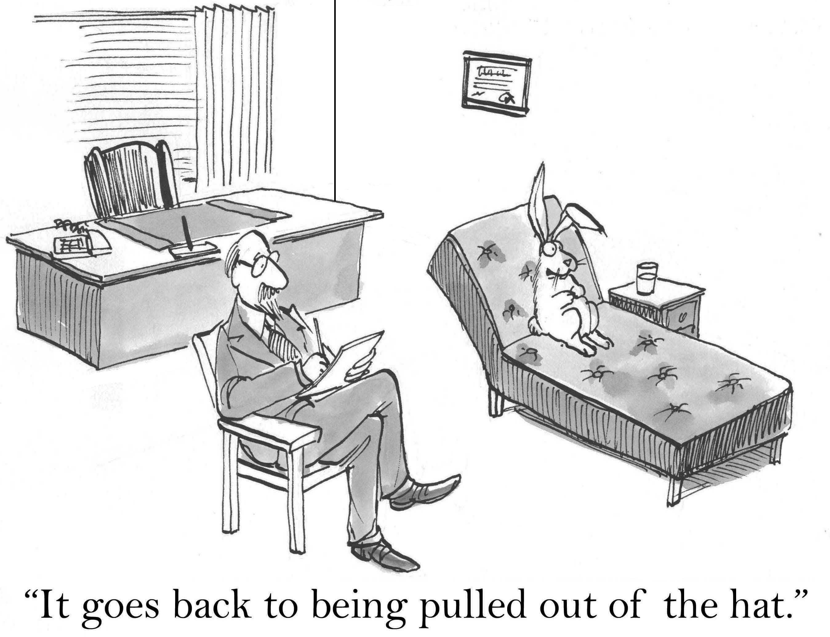 A rabbit on a therapist's couch says,
